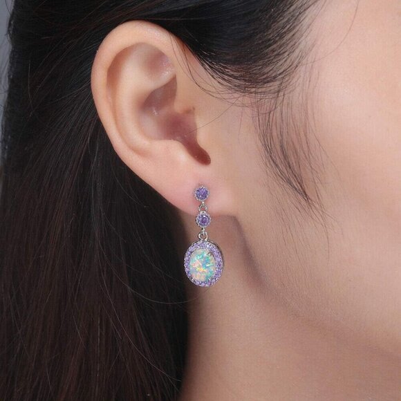 Fire Opal Amethyst Dangle Drop Earrings 18K White Gold/Rose Gold Plated Opal Jew - Picture 4 of 6